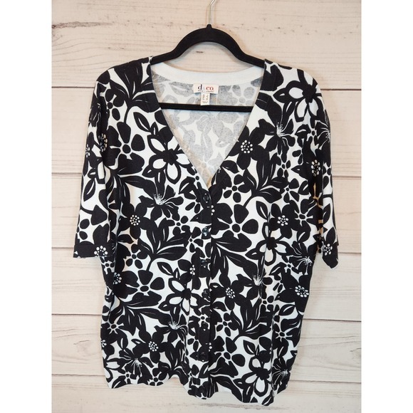 Denim & Co. Womens White Black Floral Short Sleeve Button Front Blouse‎ Large - Picture 1 of 6